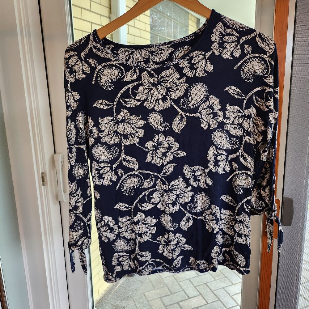 Navy Floral Print Blouse with 3/4 Length Sleeves